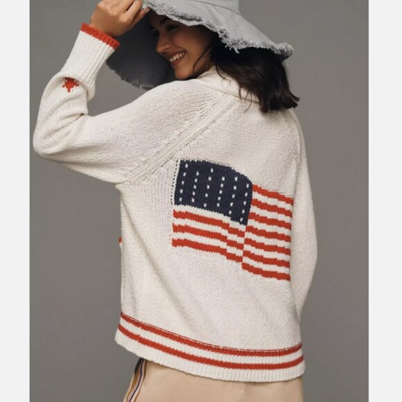 Anthropologie Maeve 2X Shawl Collar American Flag Cardigan Sweater USA NWT Plus - Picture 2 of 7